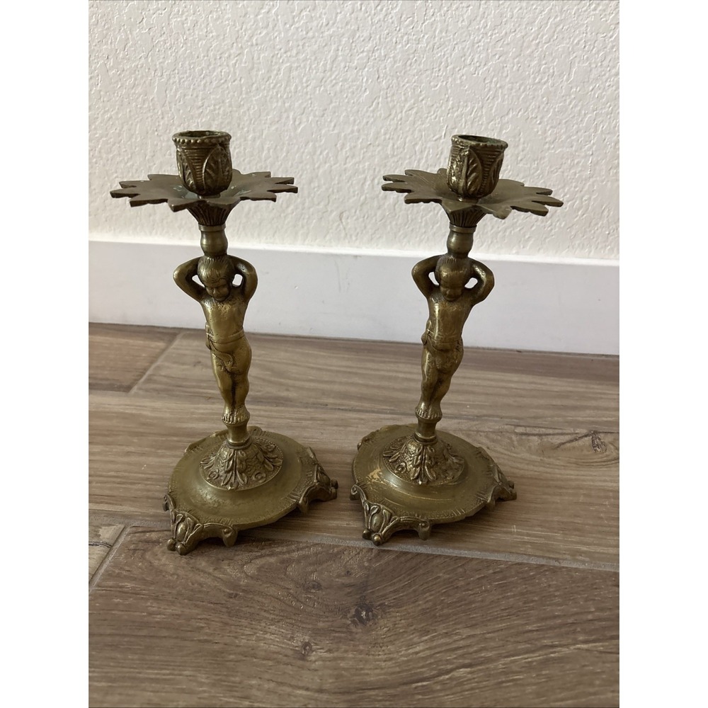 Pair of GORGEOUS‎ Vintage Cherub Candlesticks, Brass 10" Made In Spain